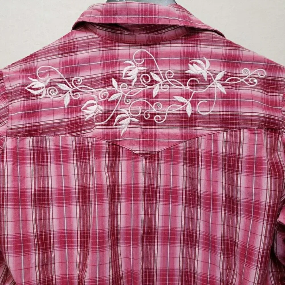 LifeStyle Pink Plaid Embroidered Western Snap Shirt Women's Size S Long Sleeve